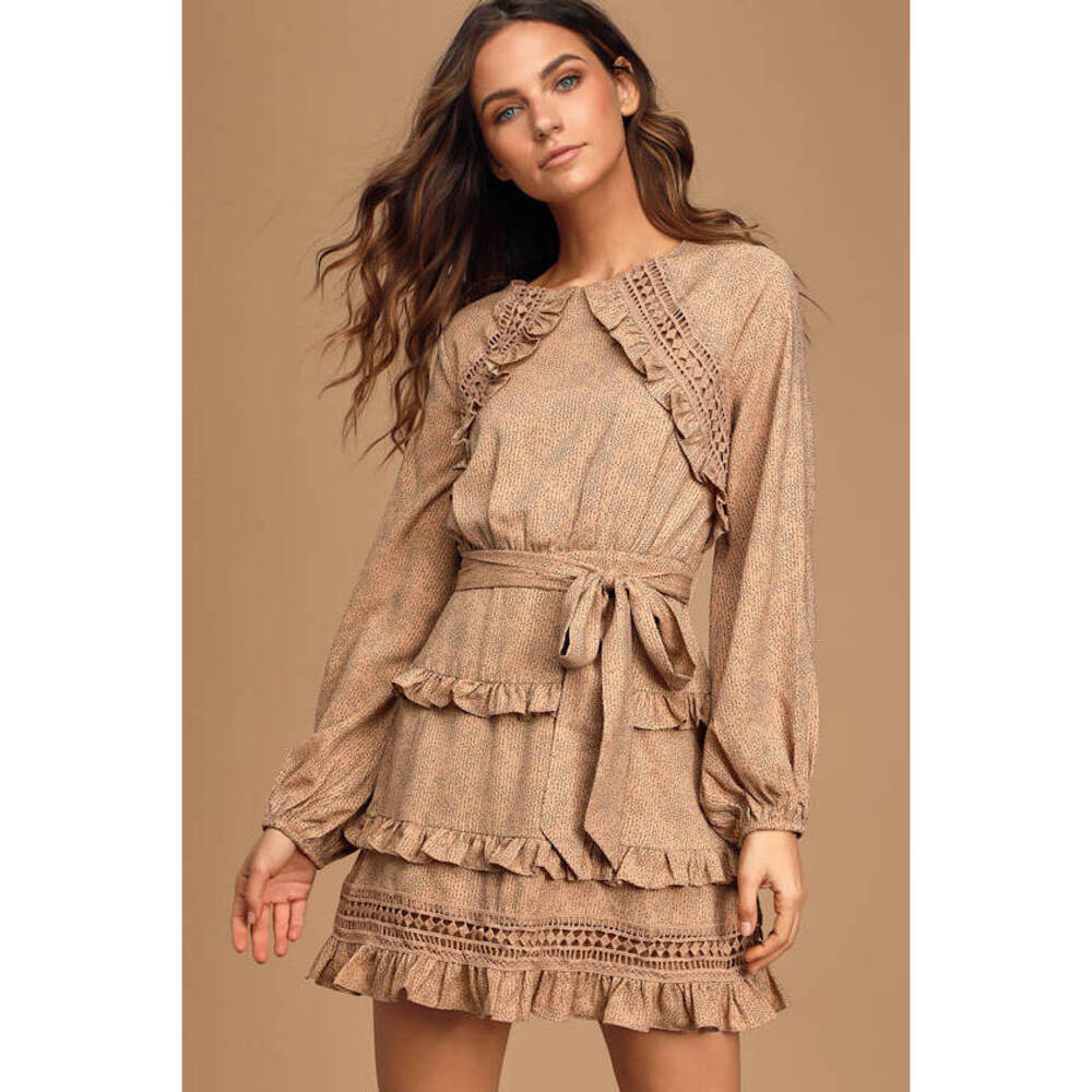 Lulus Kiss Me Goodnight Tan Polka Dot Ruffled Long Sleeve Mini Dress Beige